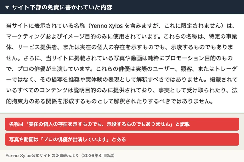 Yenno Xylosの免責表示。当サイトに表示されている名称は特定の事業体、サービス提供者、または実在の個人の存在を示すものでも示唆するものでもなく、掲載されている写真や動画は純粋にプロモーション目的でプロの俳優が出演していると書かれている