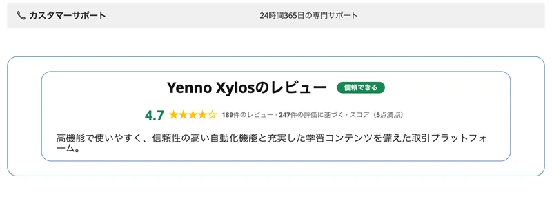 Yenno Xylosのレビュー。信頼できるという評価バッジと4.7の点数、189件のレビュー・247件の評価に基づくスコアと表示されている