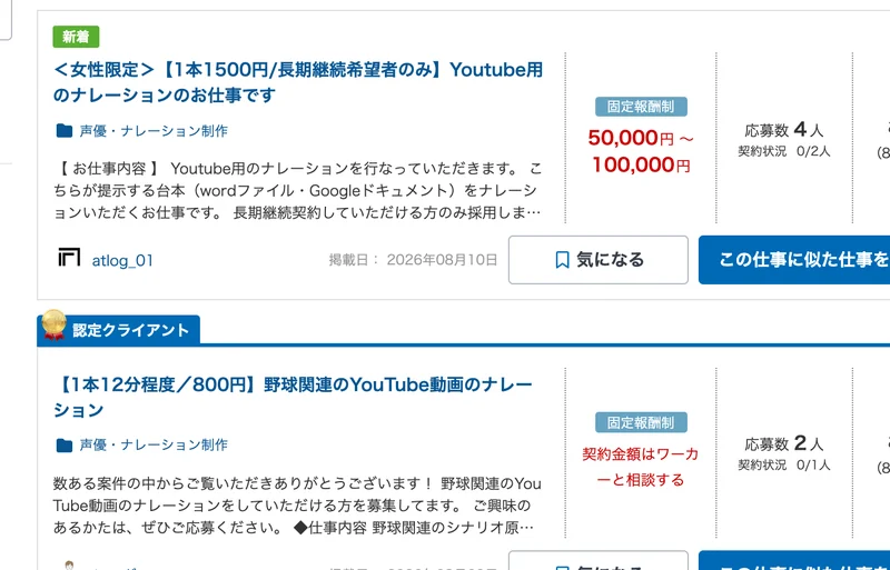 クラウドワークスのナレーション募集一覧。1本12分程度で800円、YouTube用ナレーション1本1,500円などの固定報酬が並んでいる