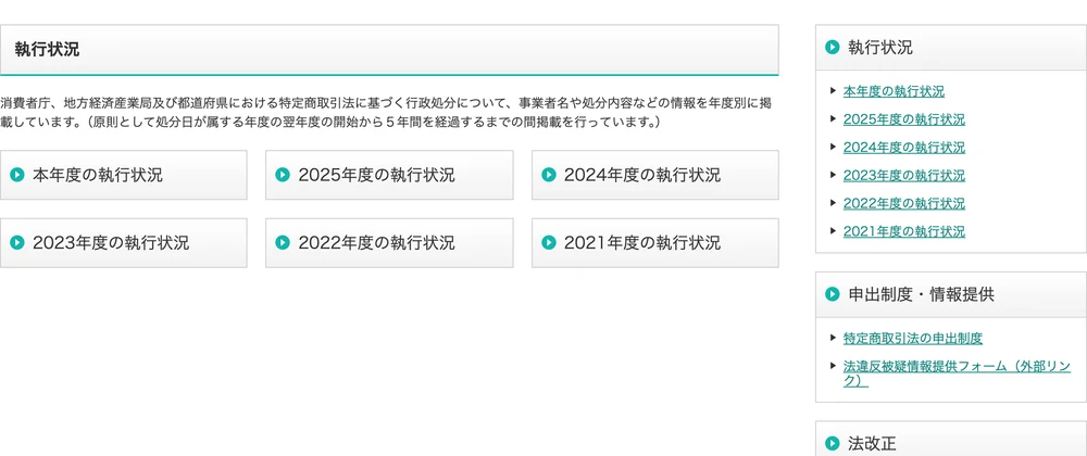 消費者庁の特定商取引法ガイドの執行状況ページ。特定商取引法に基づく行政処分について事業者名や処分内容を年度別に掲載していると説明されている
