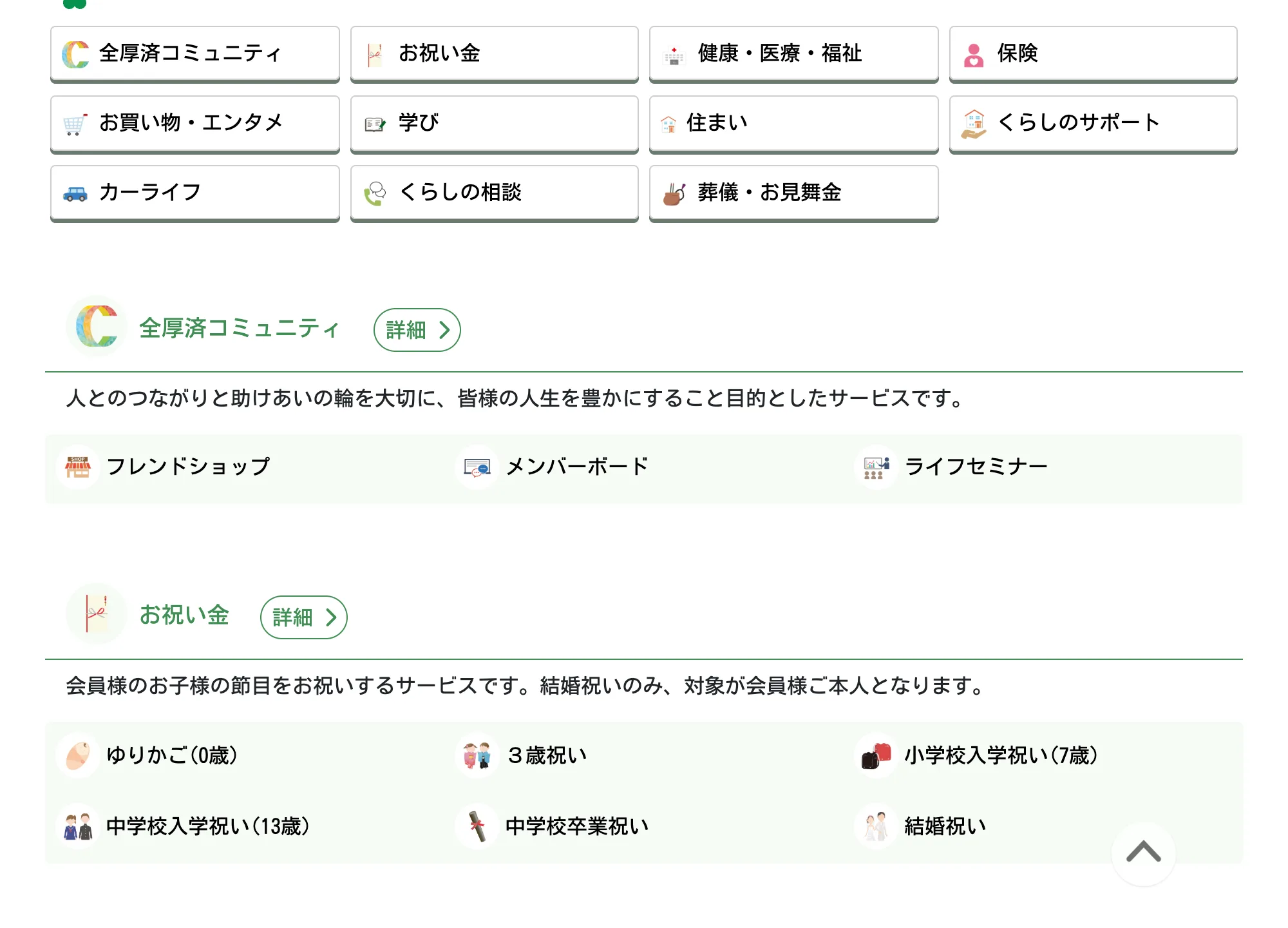 全厚済のライフサポートサービス一覧。お祝い金、健康・医療・福祉、トラベル、カーライフなど11カテゴリーが並んでいる