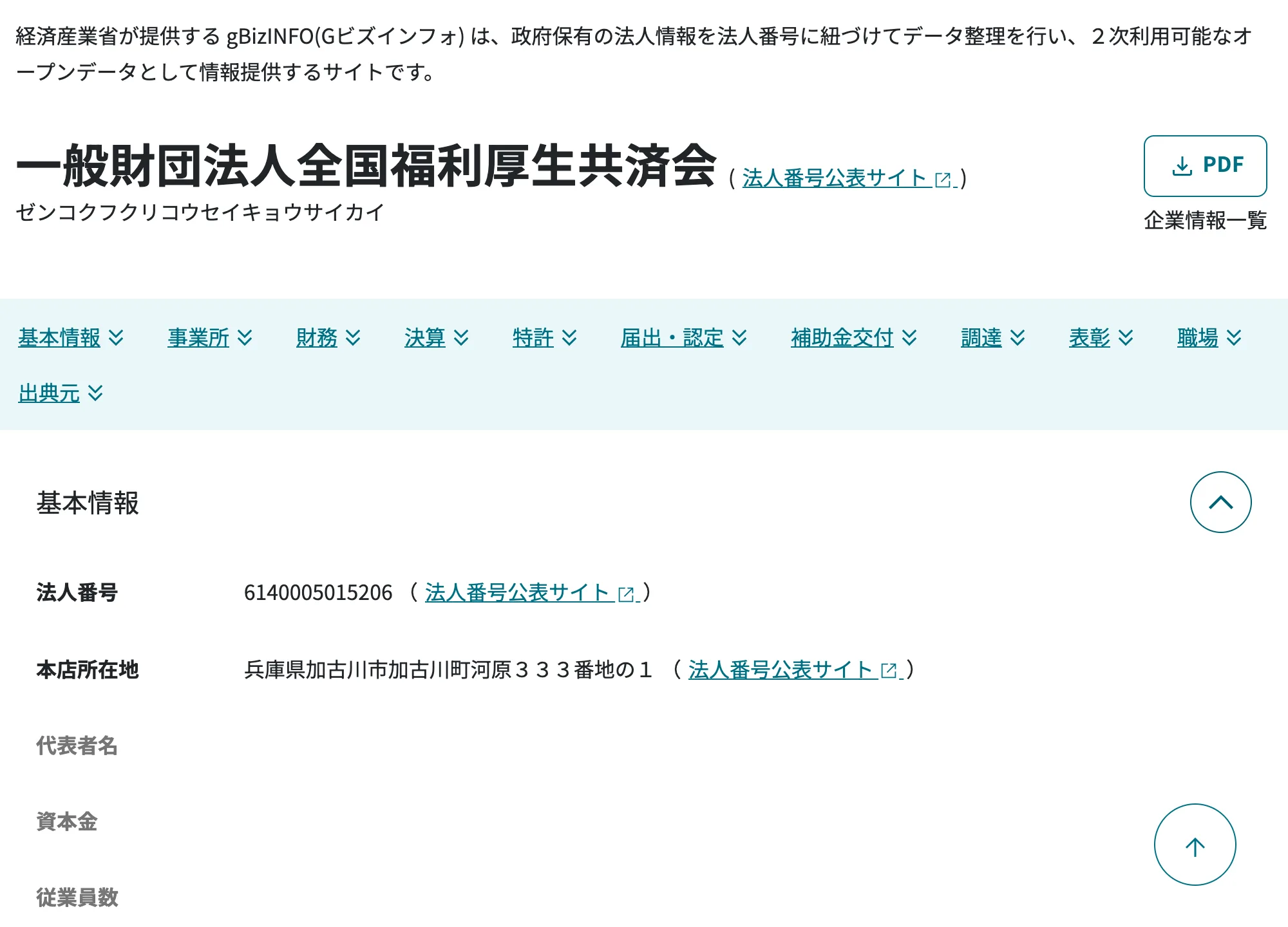 経済産業省が運営する法人情報サイトgBizINFOで一般財団法人全国福利厚生共済会の法人番号6140005015206が表示された画面