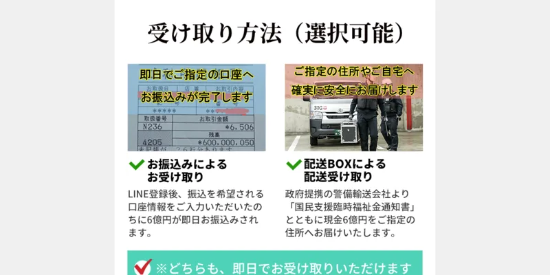 「受け取り方法(選択可能)」として口座振込か警備輸送会社の配送BOXで現金6億円を届けると説明する広告の画面