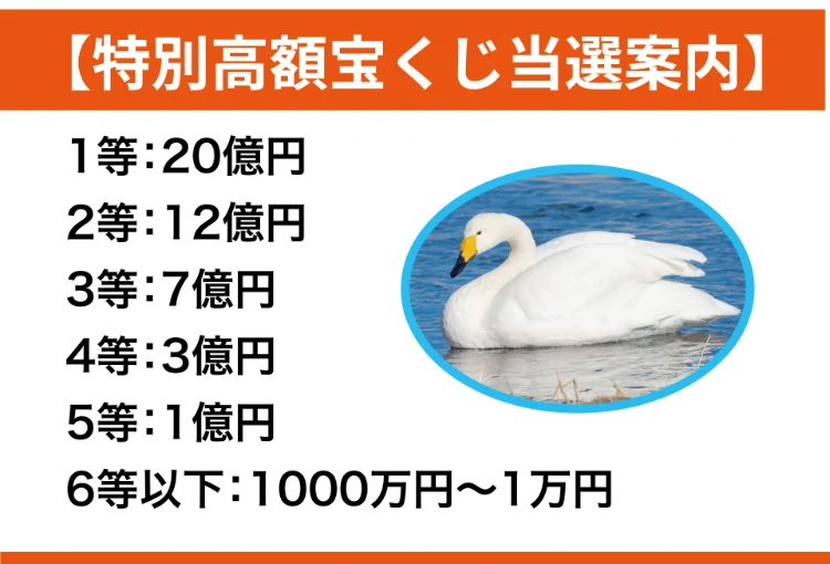 1等20億円、2等12億円など高額な当選金を並べた「特別高額宝くじ当選案内」の画面