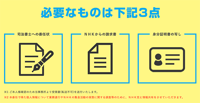 NHK受信料を不払いし請求書代行受領サービスを利用するのに必要なものは以下３点。司法書士への委任状、ＮＨＫからの請求書、身分証明書の写し、※1 ご本人様確認のため当事務所より受領書(転送不可)を送付いたします。 ※2 本委任で得た個人情報について業務遂行やＮＨＫの集金活動の実態に関する調査等のために、ＮＨＫ党と情報共有をさせていただきます。